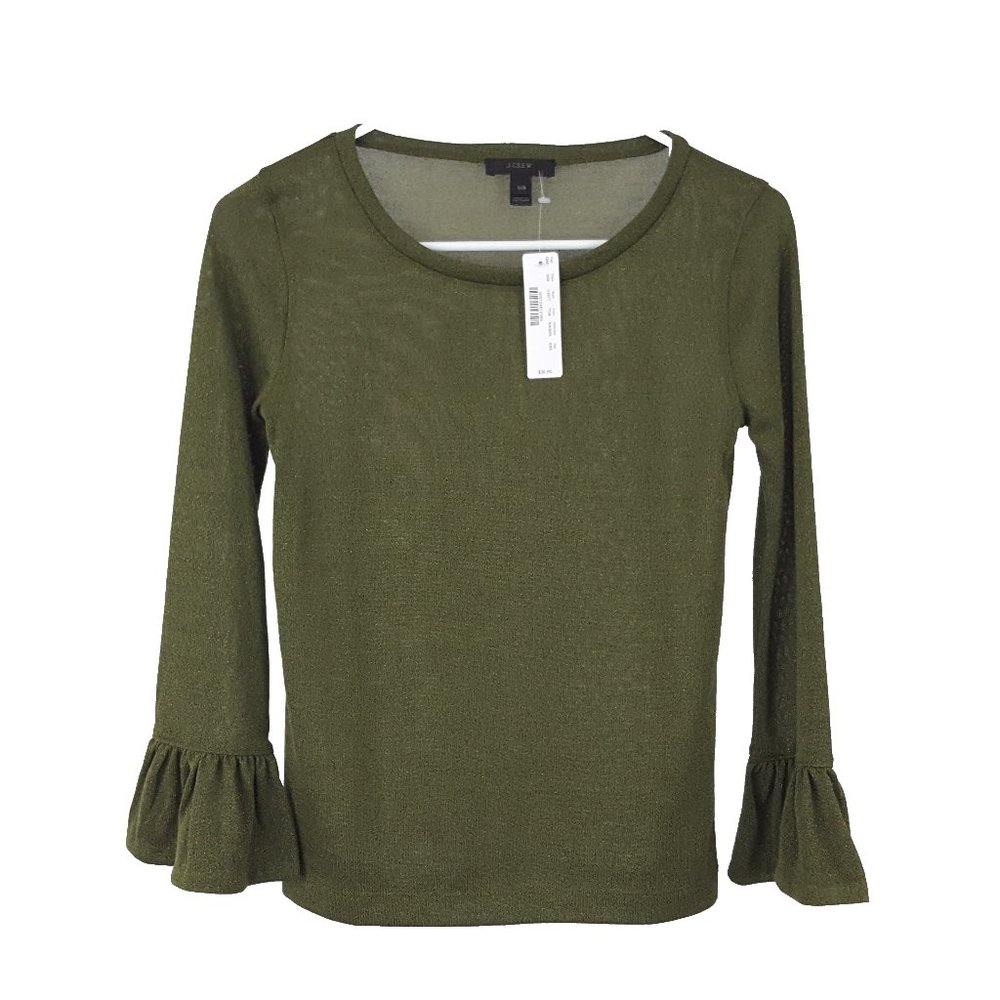 J.Crew Stretch Knit Metallic Blouse Solid Green Women's Size XXS Bell Sleeve